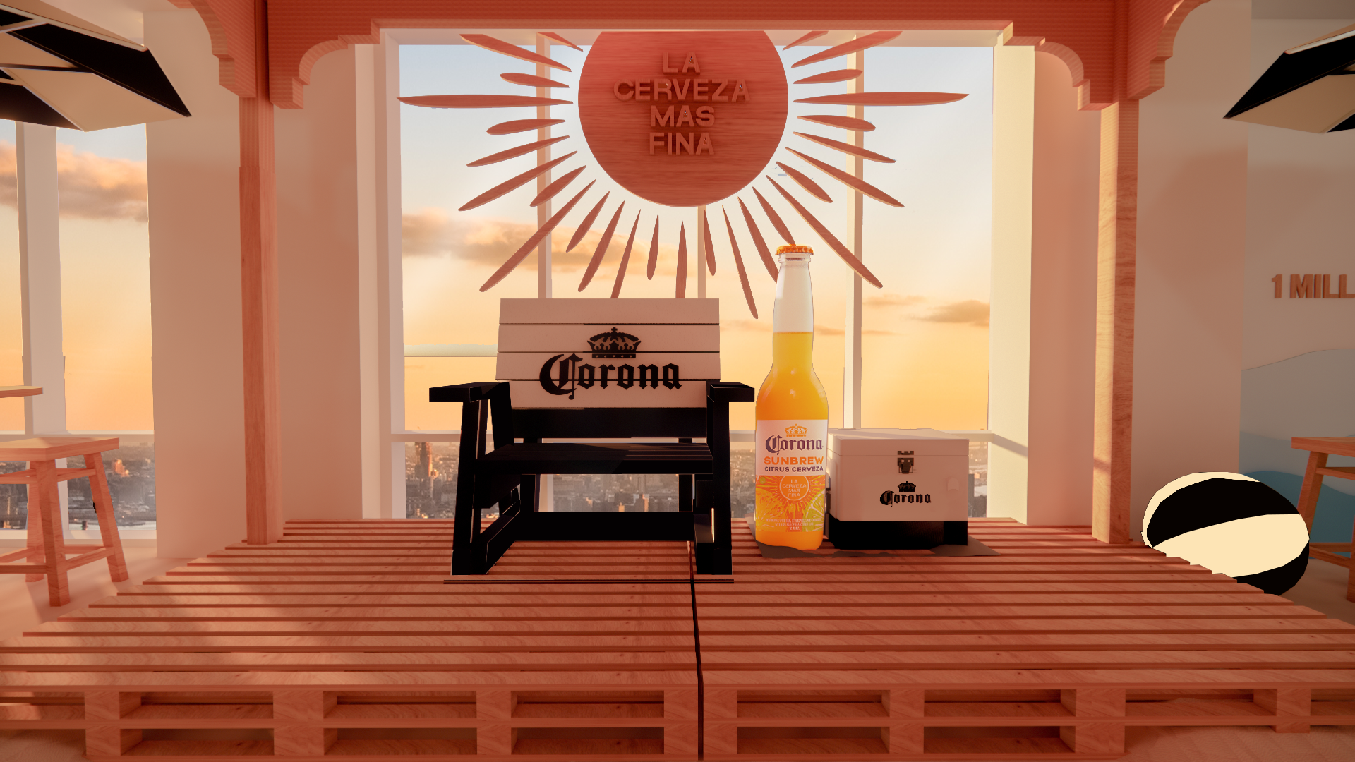 This is where the media talk will be hosted, on the large-scale deck chair with a giant Corona + cooler on a pallet stage, as guests sit around at the bar and table.