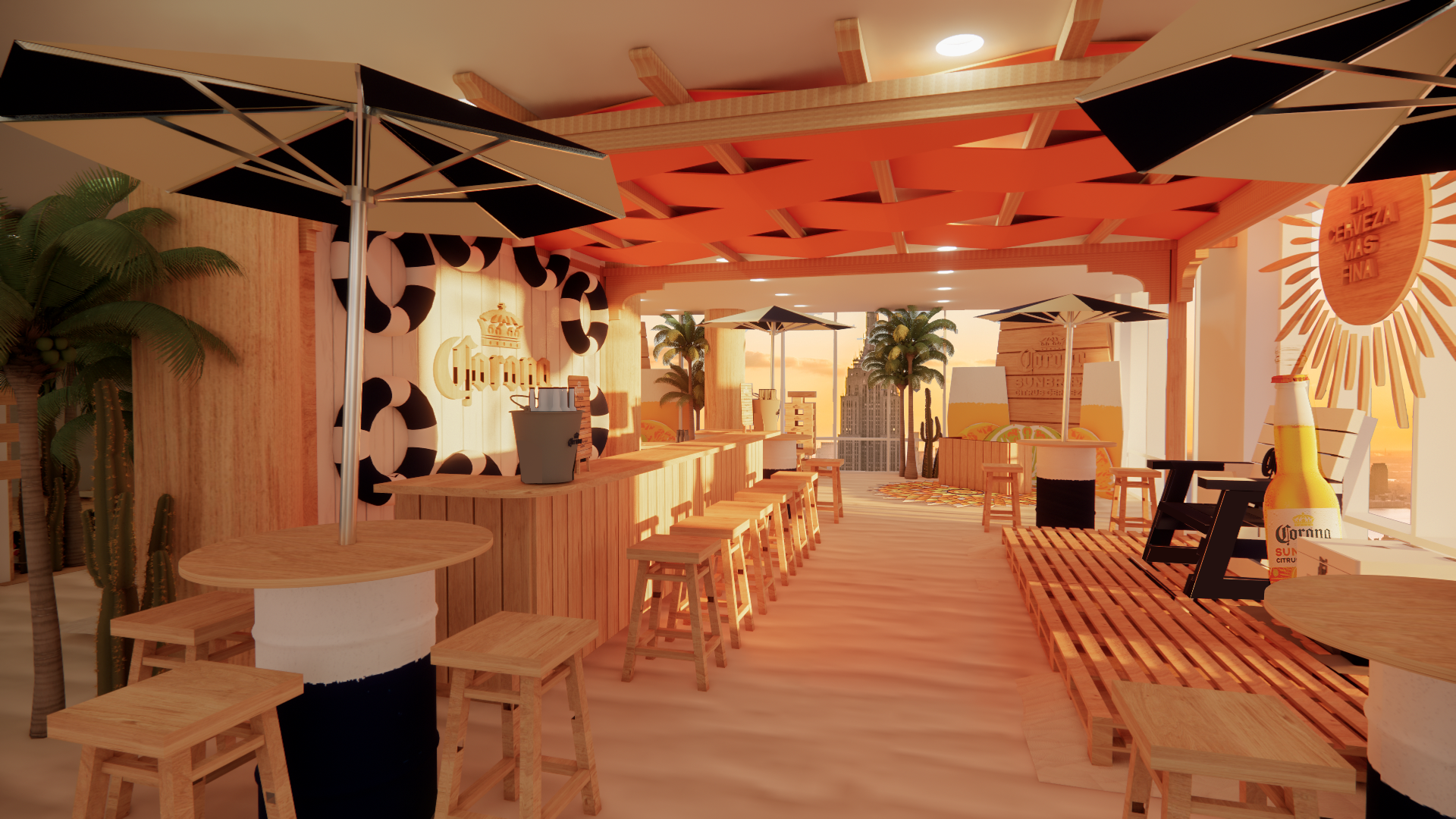 The guest can grab drinks and food from the bar, and be seated around the tables.