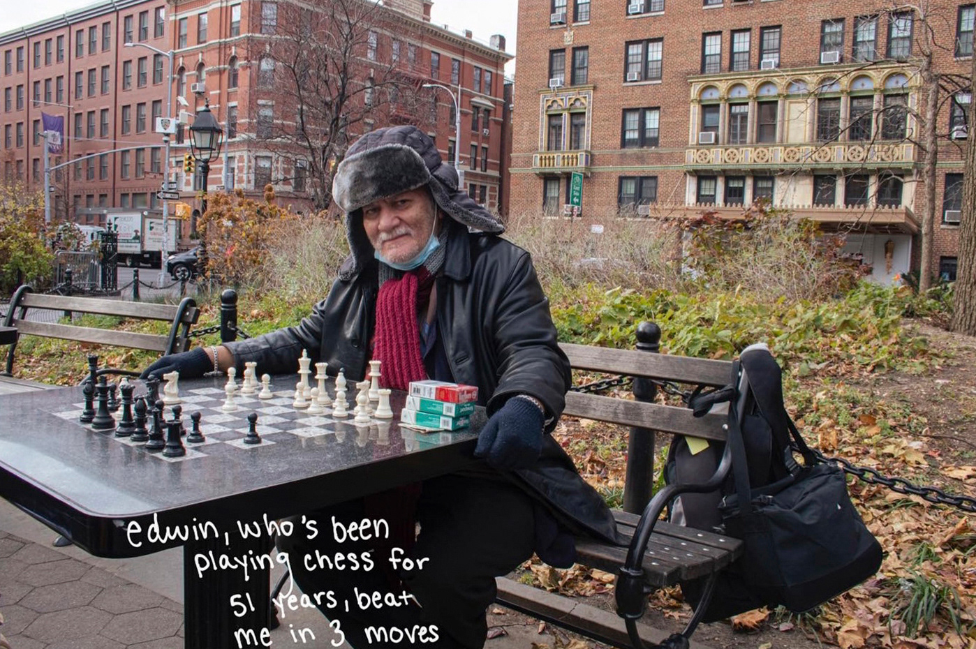 This is Edwin. He has been playing chess in the park for a very long time, and he was the first person I took a portrait of. Our game was very short and I didn't find out much about Edwin, but when I left the park he called my name asking for another me for another game.