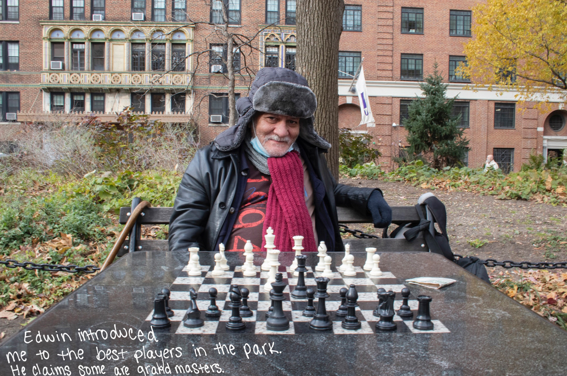 This is Edwin. He has been playing chess in the park for a very long time, and he was the first person I took a portrait of. Our game was very short and I didn't find out much about Edwin, but when I left the park he called my name asking for another me for another game.