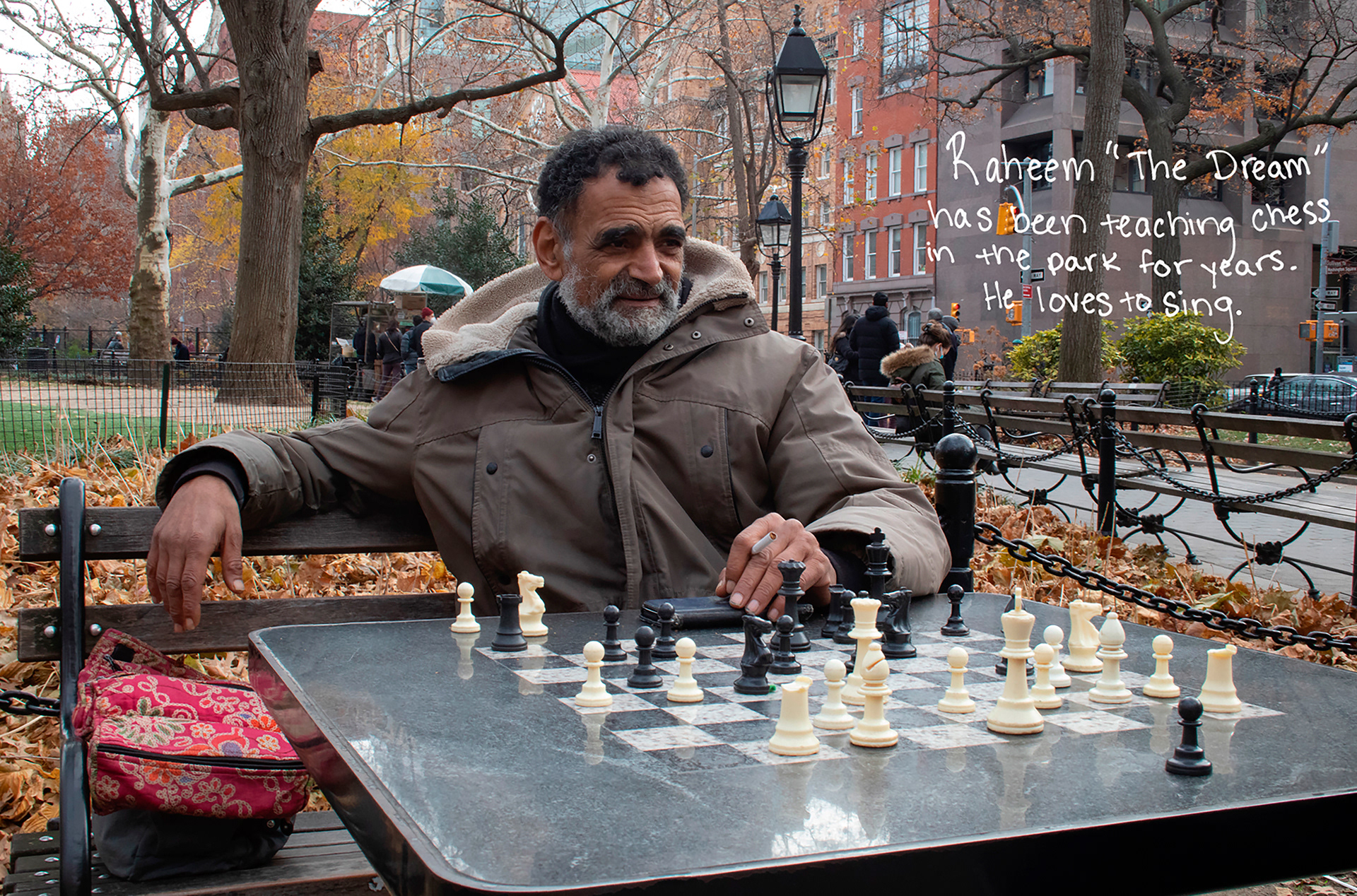 This is Raheem "The Dream". We played a long game of chess with lots of conversation. He told me all about the chess lessons he teaches, a Netflix show he helped with, and some of the fun experiences he has had playing in the park.