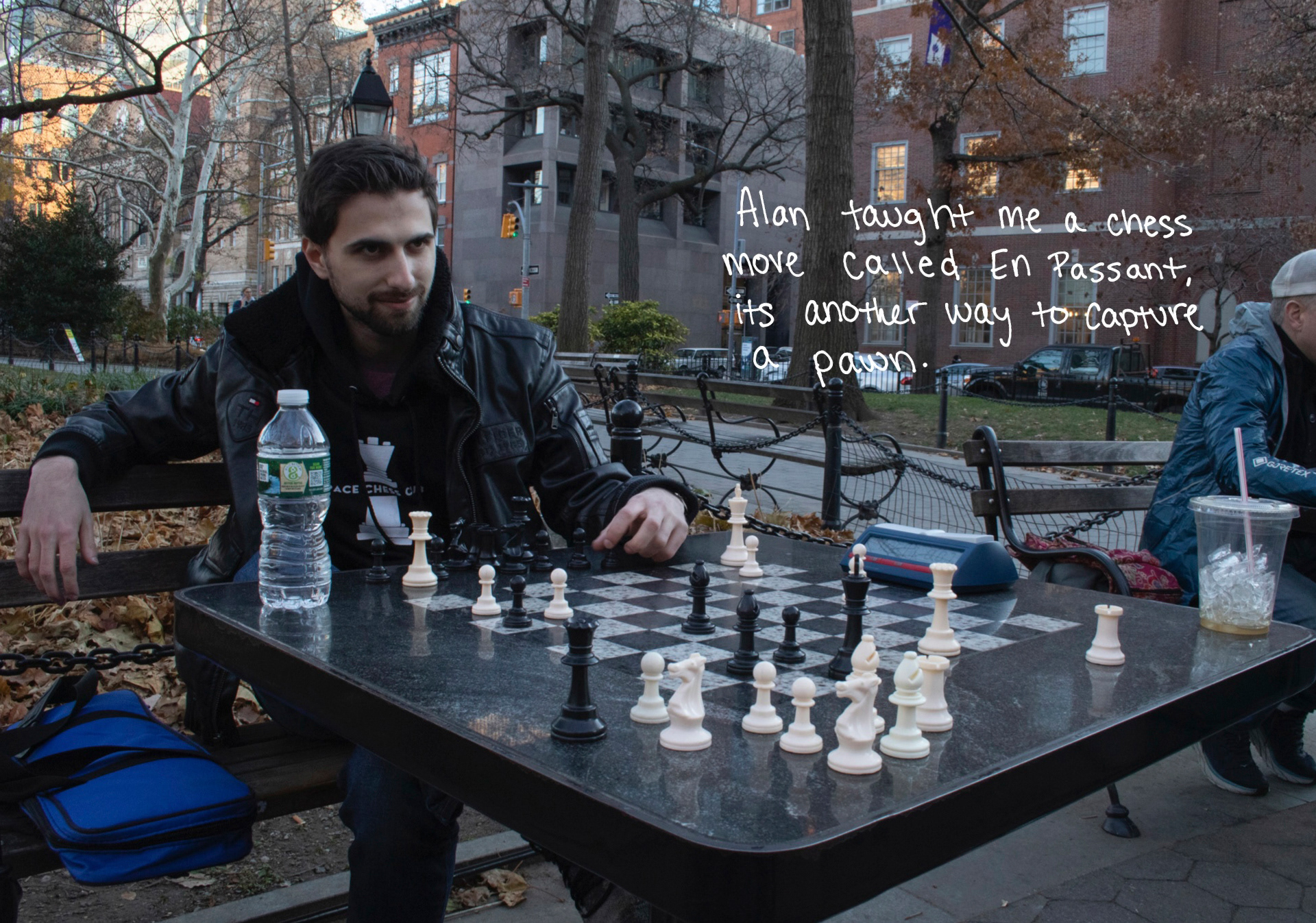 This is Alan. We played a longer game, using the timer for only half, until he decided he was "having fun". He told me about chess competitions he had played in, and about the local chess club he was a regular at. At the end of our game he asked for my number and if I wanted to grab drinks.