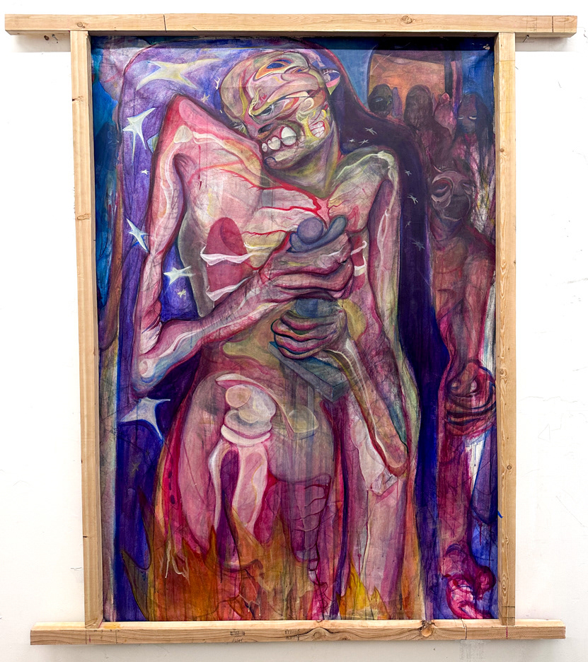 "personal hell" , 60" x 50", Acrylic, Charcoal, & Recycled Wood on Canvas