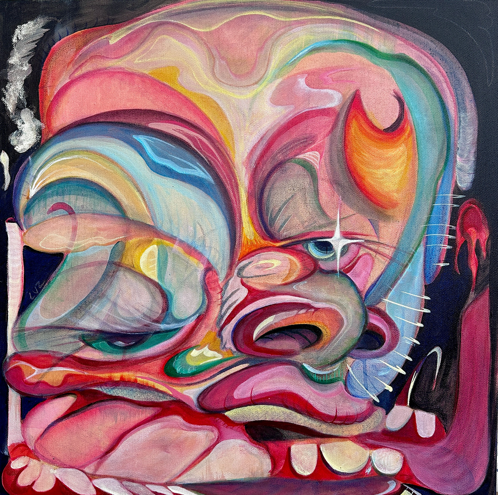 "smoking man" 18 x 18 Acrylic, Charcoal, & Pastel on Canvas. 2024