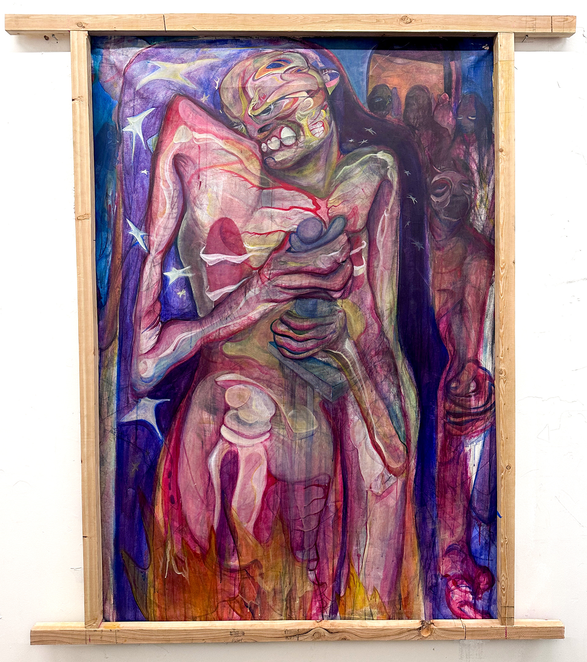 "personal hell", 60 x 50 in, Acrylic, Charcoal & Recycled Wood on Canvas, 2025