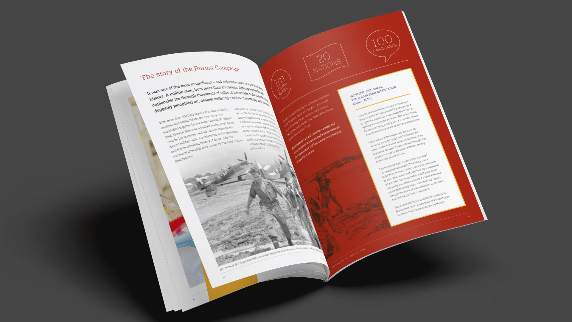 Inside spread of the Burma Star Memorial Fund Scholarship Appeal brochure titled 'Remembering the Forgotten Army'.