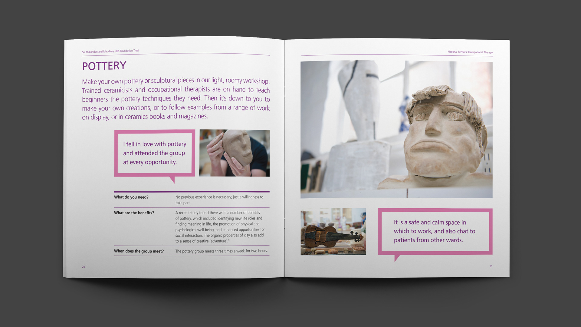 South London & Maudsley NHS Foundation Trust National Services Occupational Therapy brochure spread