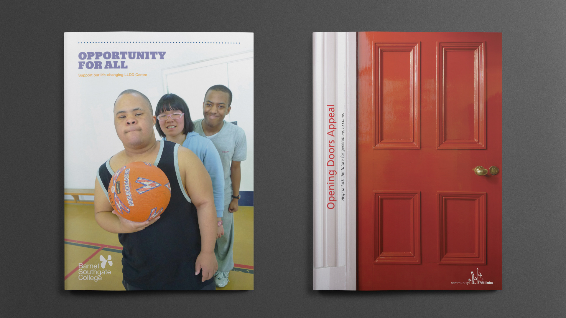 Two capital appeal cases for support. On the left is one for Barnet & Southgate College; on the right is one for Community Links