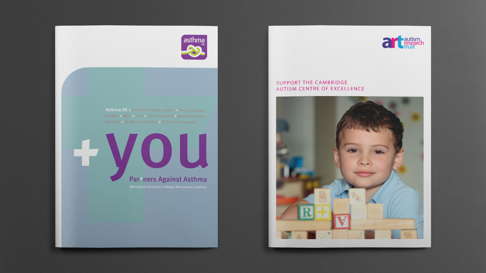 Two capital appeal cases for support. On the left is one for Asthma UK; on the right is one for the Autism Research Trust