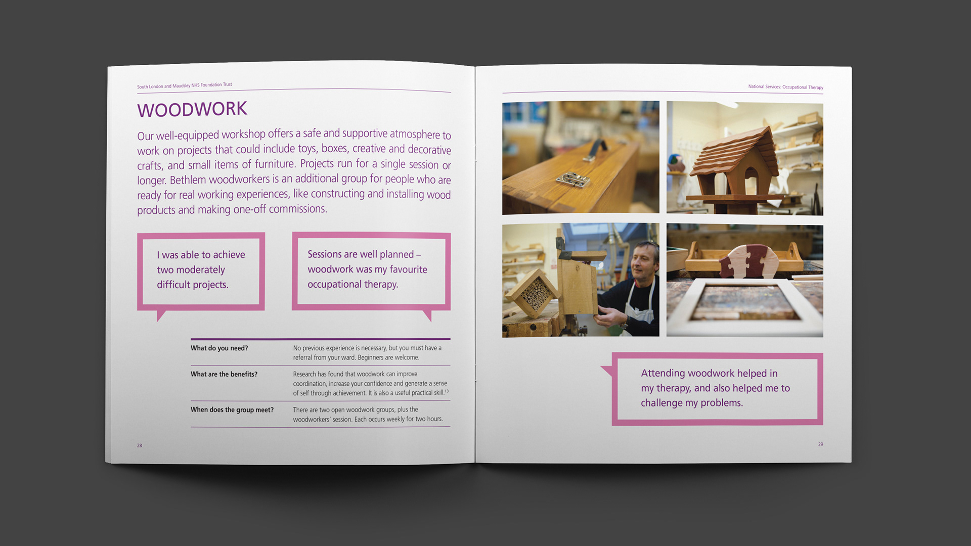 South London & Maudsley NHS Foundation Trust National Services Occupational Therapy brochure spread
