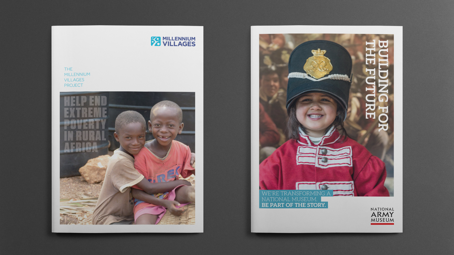 Two capital appeal cases for support. On the left is one for Millennium Villages; on the right is one for the National Army Museum