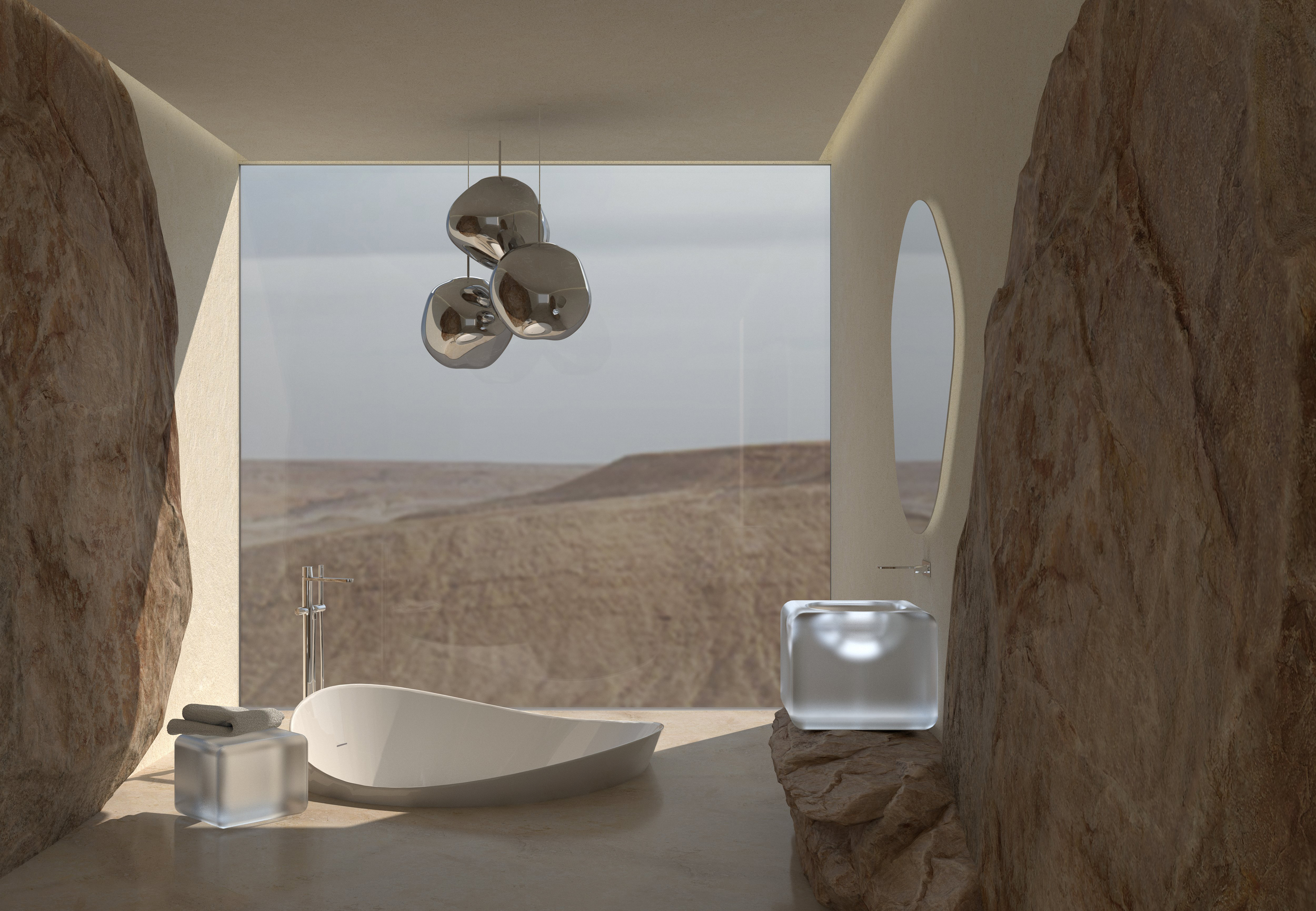 Umyvadlo ze skla ve tvaru ledové krychle