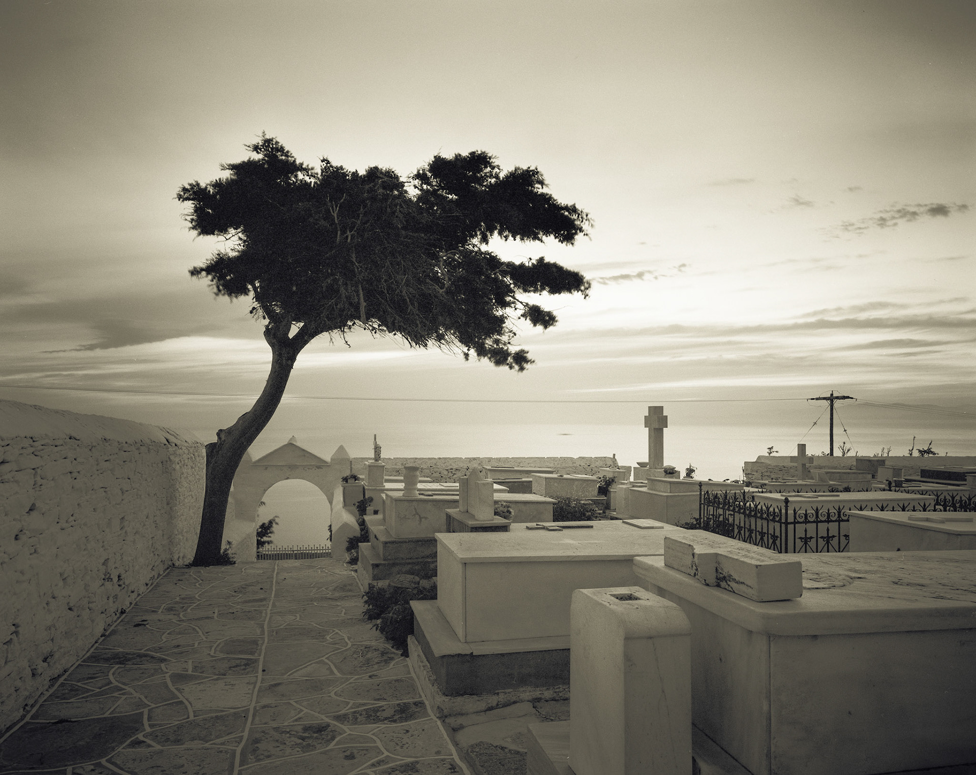 Cemetery Tree, and Agean Sea. Sifnos, Greece. 10 secs. f45. 90mm.