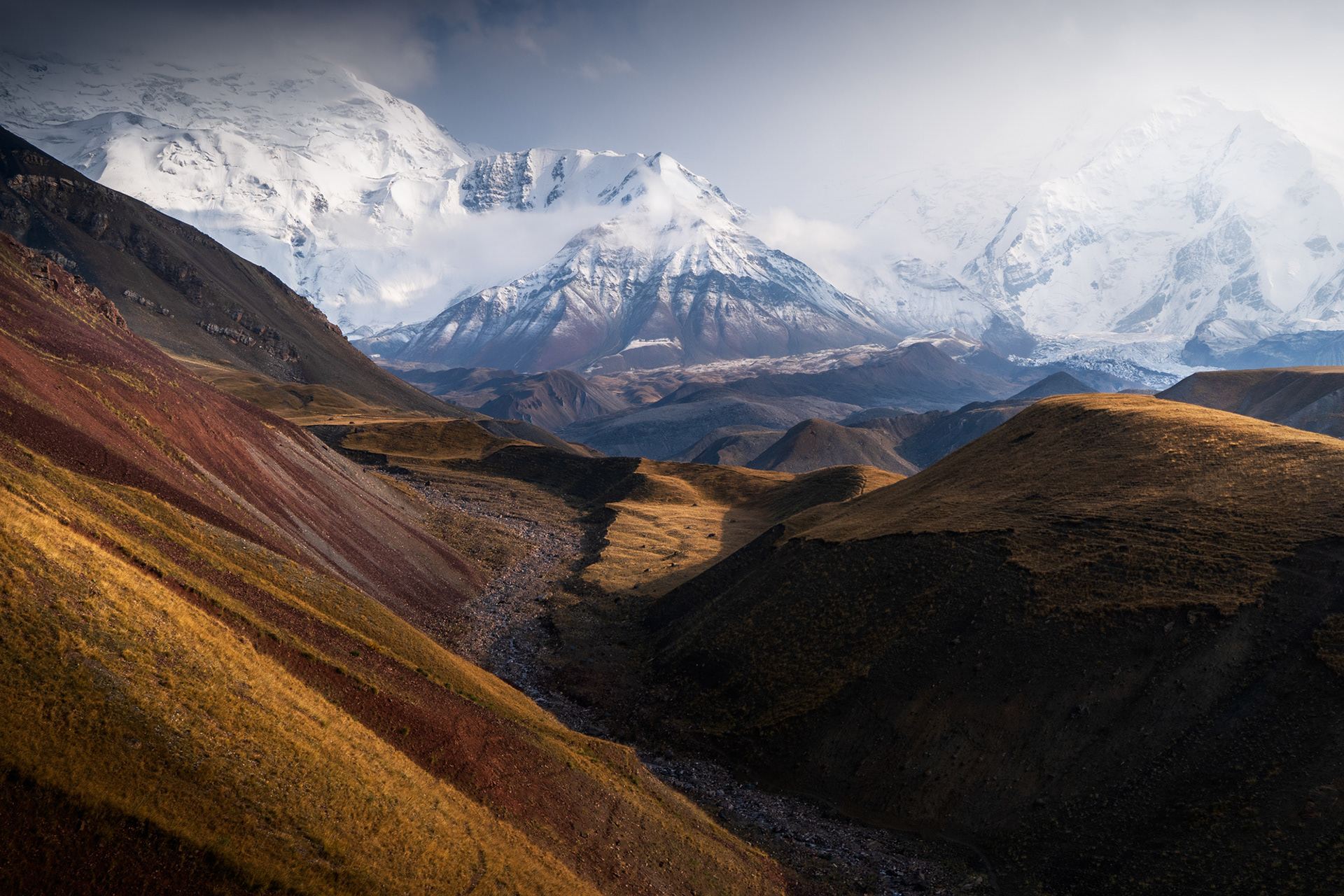 Colourful valleys and snowy mountains of Peak Lenin and Alay Valley, Kyrgyzstan