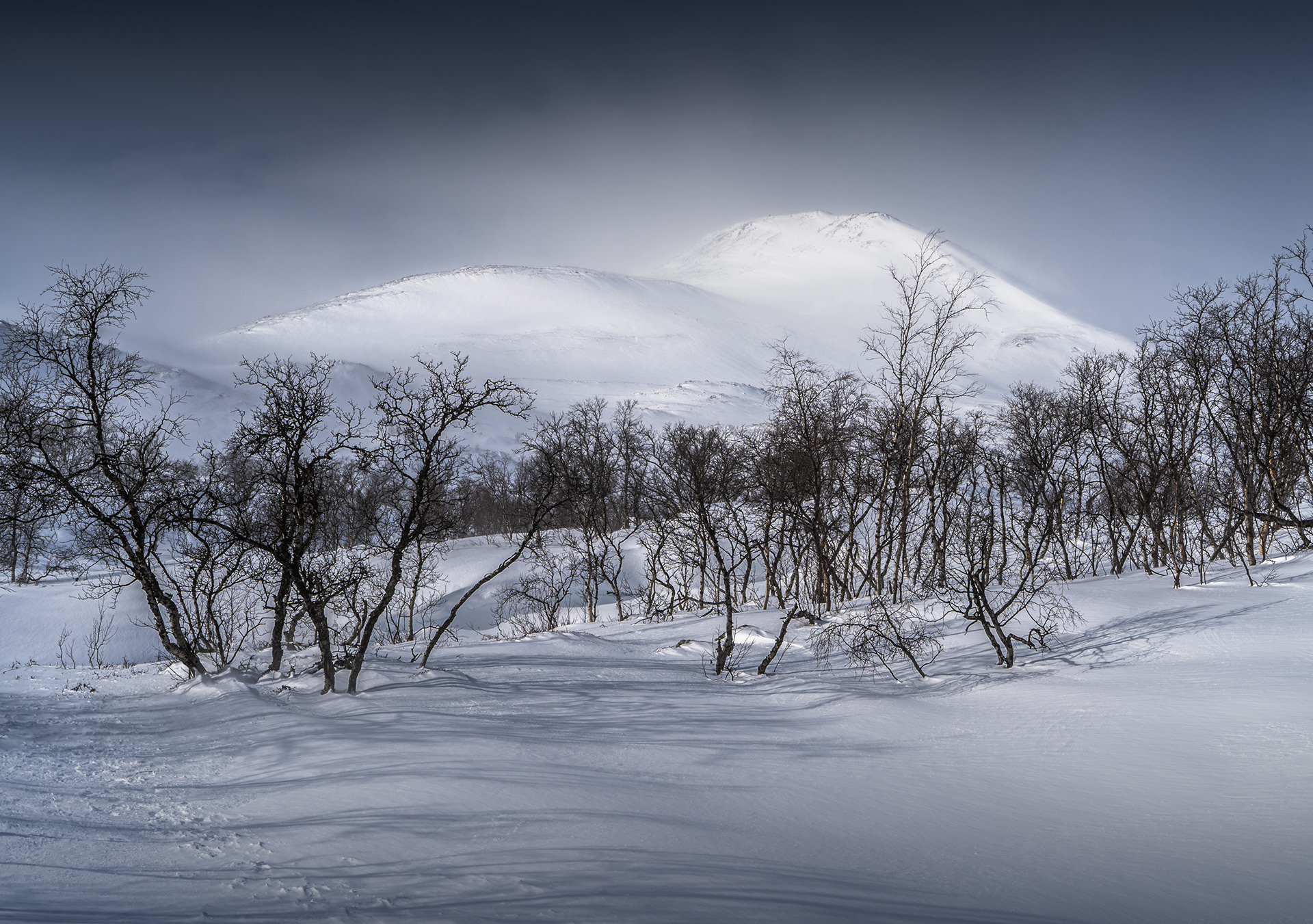 A snowy mountain catching the arctic sun rises above a glade. Swedish Arctic, Lapland, winter landscape.