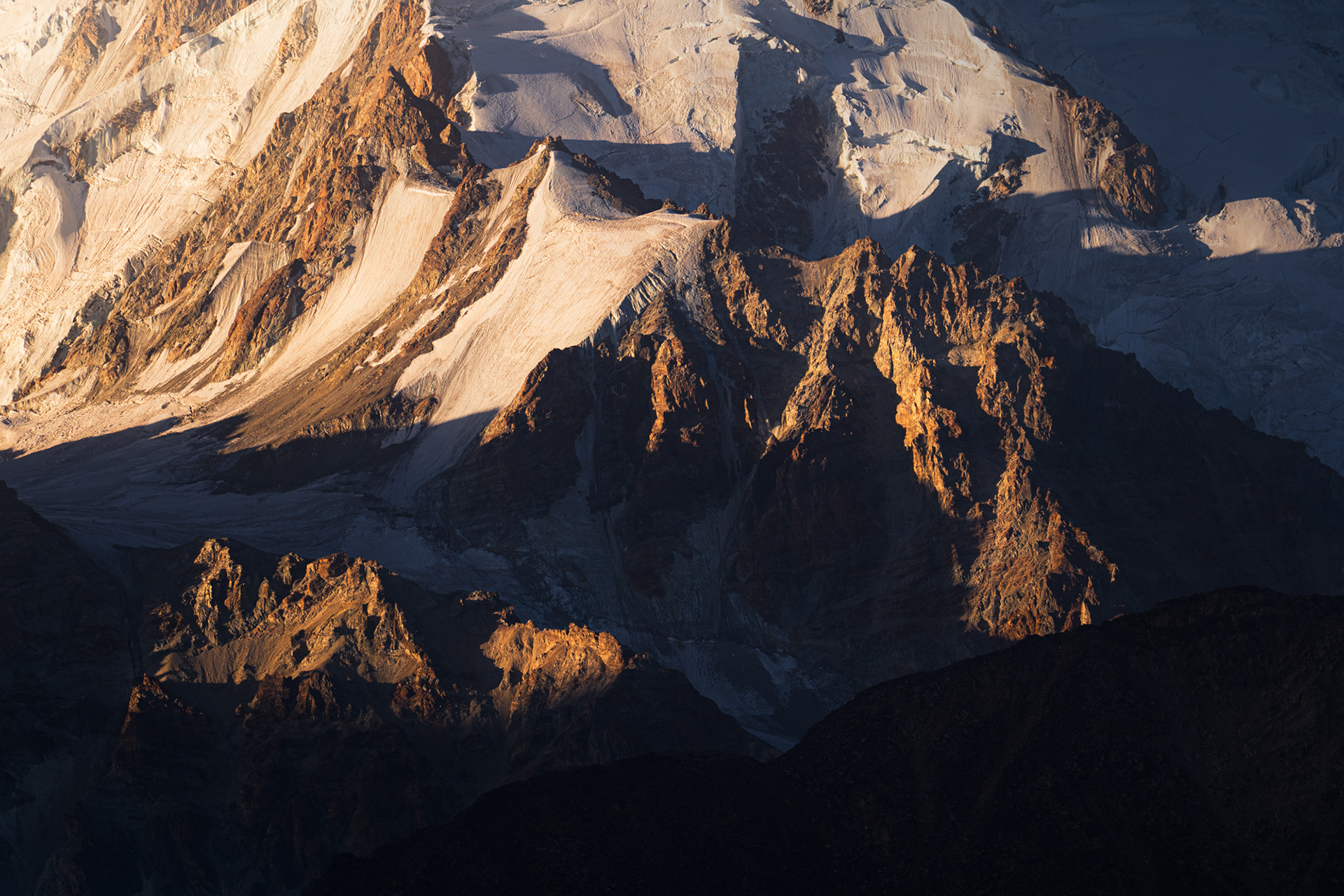 Sunset on the Glaciers above Zaroshkul Lake, Tajik National Park, Pamir, Tajikistan