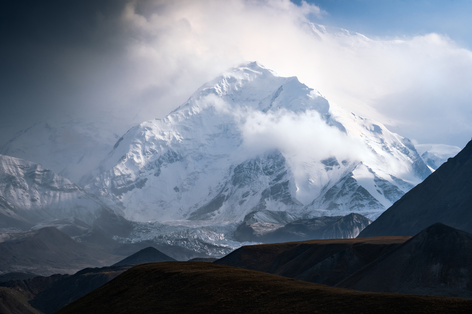 Glaciated face the mountain Peak Lenin and Alay Valley, Kyrgyzstan