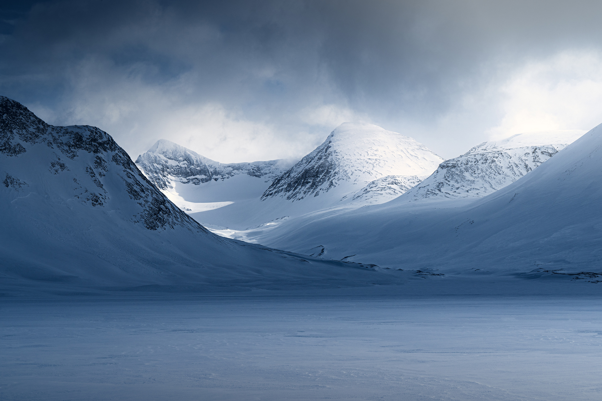 Winter Arctic Landscapes of the snowy glaciated mountains of Sarek National Park, Swedish Arctic
