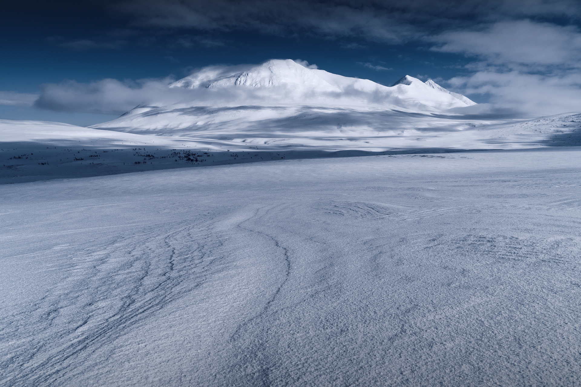 The Ahhka Massif rises above a snow winter landscape on a stormy day. Sarek/ Strora Sjofallet National Park, Sweden, Arctic. Windswept snow patterns in the foreground.