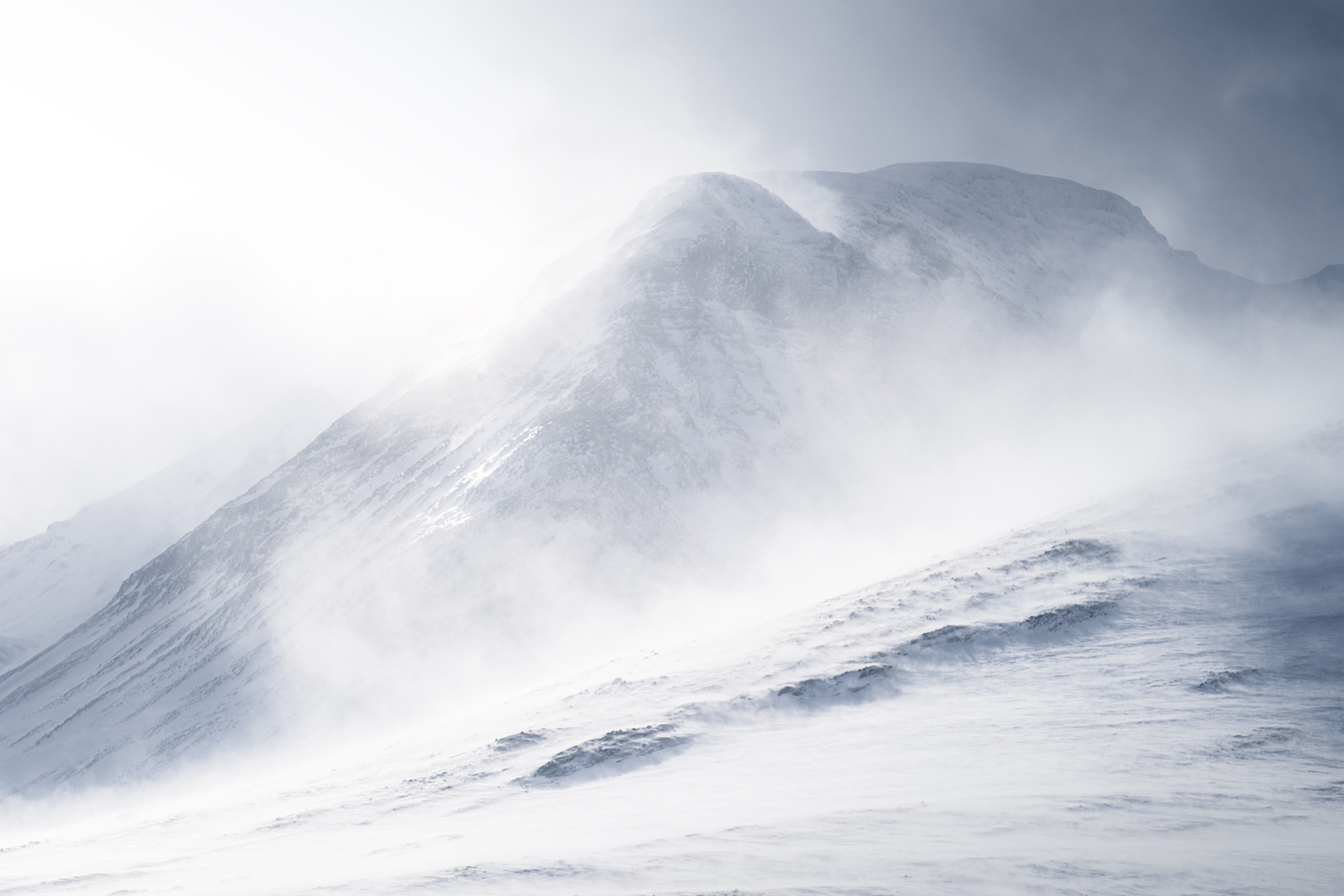 Mountains in the middle of Sarek National Park in a winter storm with strong winds and whiteout conditions. Sarek National Park, Swedish Arctic