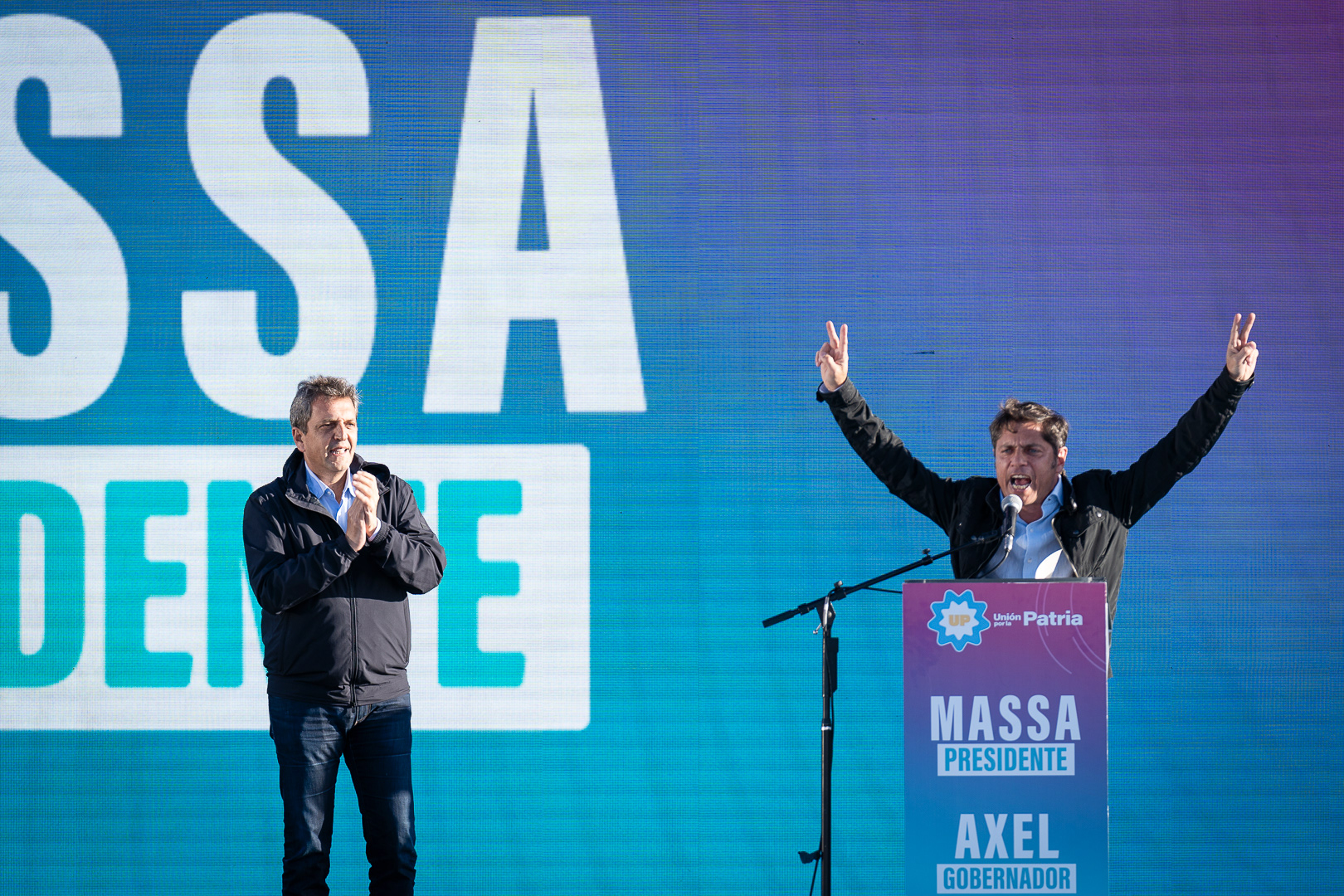 Presidential candidate, Sergio Massa, and candidate for governor of the Province of Buenos Aires, Axel Kiciloff, star in the Unión por la Patria rally for Peronist Loyalty Day and for the closing of their campaign for the general elections, in Sarandí, Argentina, on October 17, 2023. PHOTO/Santi Oroz.