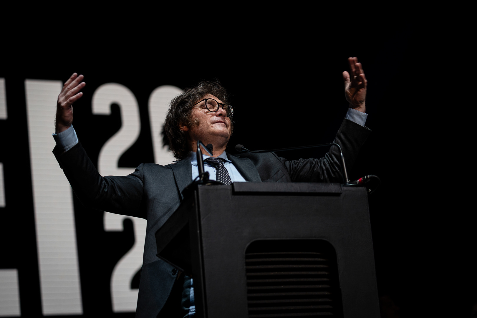 Javier Milei, presidential candidate for La Libertad Avanza, greets the audience at the Movistar Arena during his campaign closing ceremony ahead of the general elections, in Buenos Aires, Argentina, on October 18, 2023. PHOTO/Santi Oroz.