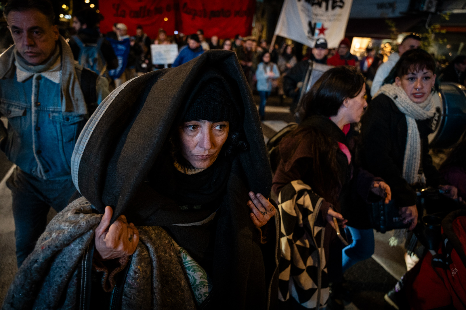 People living on the street protest in the street, in a blanket from Plaza de Mayo to Congress, as part of the Third Latin American and Caribbean Meeting of homeless people, in Buenos Aires, Argentina, on June 29, 2023. PHOTO/Santi Oroz.