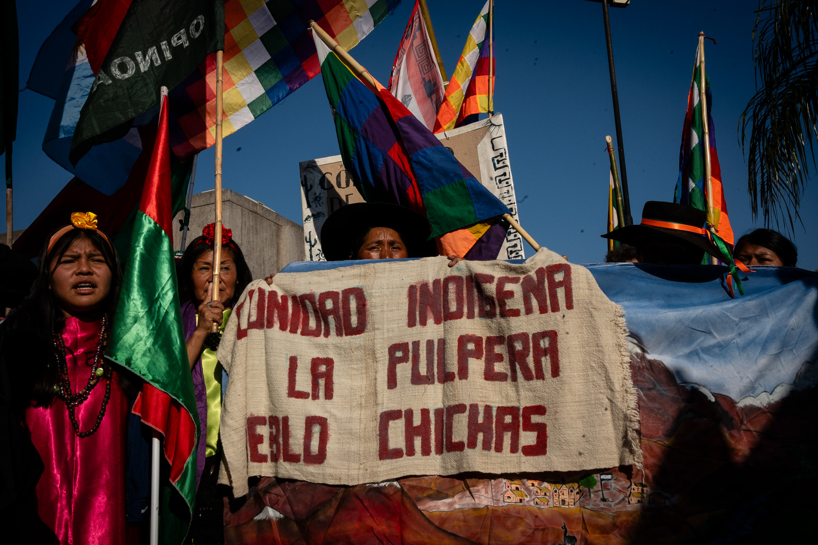 The native peoples of the third malón for peace are coming down from the north, from Jujuy to Buenos Aires marching for their territories, for their natural resources and against the constitutional reform of Gerardo Morales, in Buenos Aires, Argentina, on August 1, 2023. PHOTO/Santi Oroz.