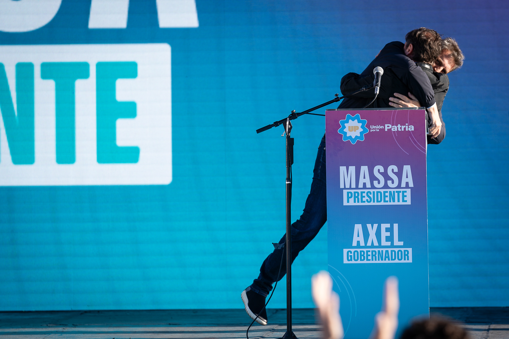Presidential candidate, Sergio Massa, and candidate for governor of the Province of Buenos Aires, Axel Kiciloff, star in the Unión por la Patria rally for Peronist Loyalty Day and for the closing of their campaign for the general elections, in Sarandí, Argentina, on October 17, 2023. PHOTO/Santi Oroz.