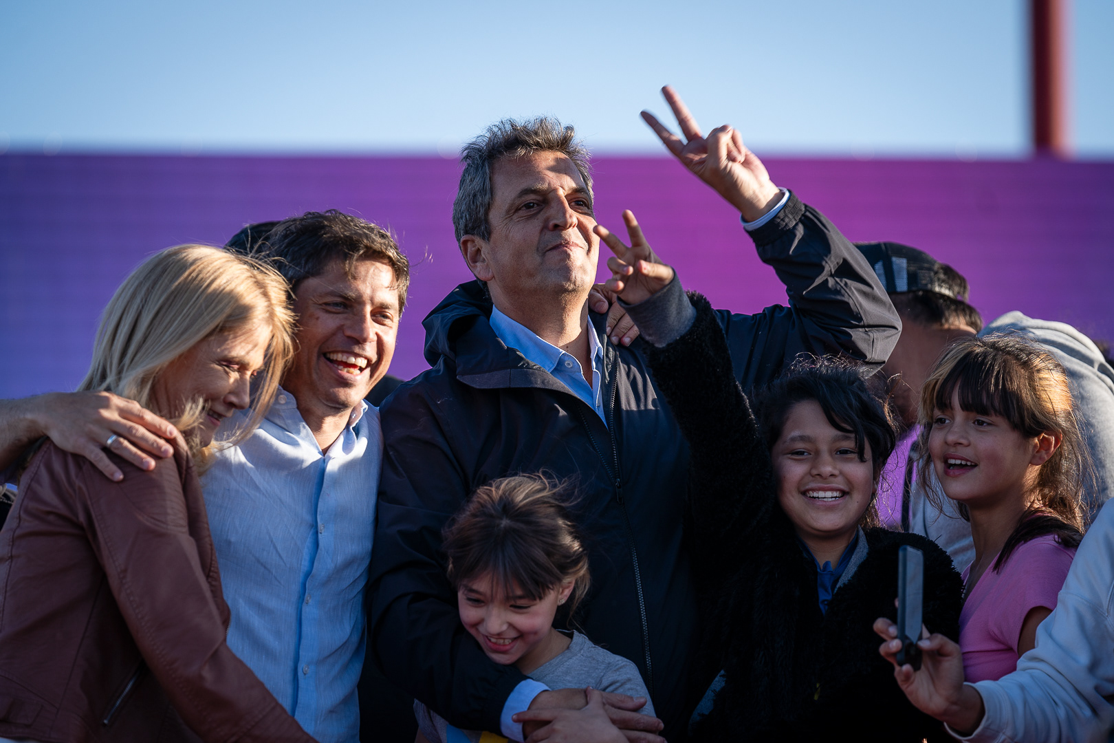 Presidential candidate, Sergio Massa, and candidate for governor of the Province of Buenos Aires, Axel Kiciloff, star in the Unión por la Patria rally for Peronist Loyalty Day and for the closing of their campaign for the general elections, in Sarandí, Argentina, on October 17, 2023. PHOTO/Santi Oroz.