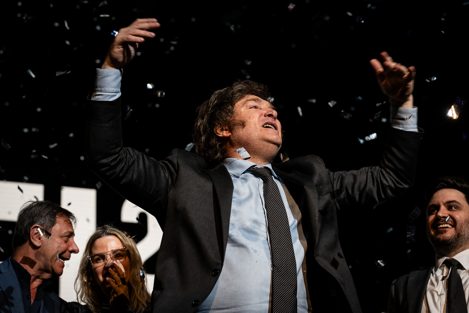 Javier Milei, presidential candidate for La Libertad Avanza, greets the audience at the Movistar Arena at the end of his campaign closing ceremony in view of the general elections, in Buenos Aires, Argentina, on October 18, 2023. PHOTO/Santi Oroz.