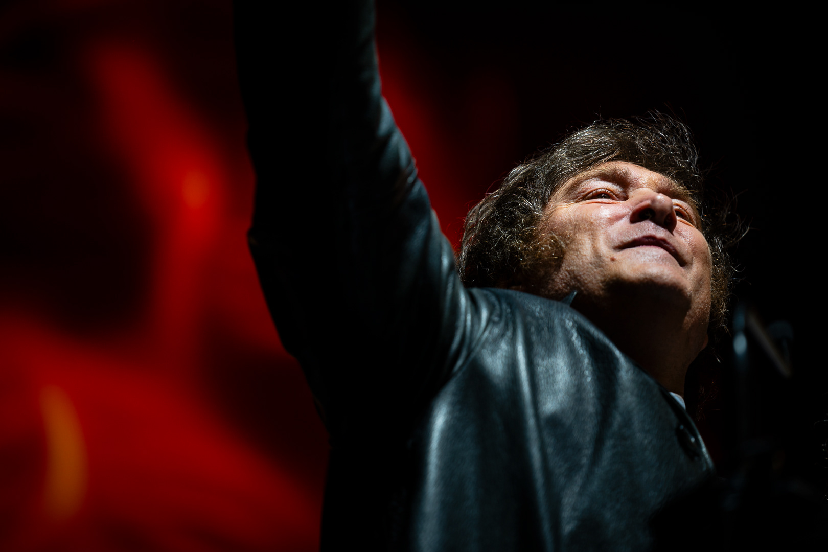 Javier Milei, presidential candidate for La Libertad Avanza, greets the audience at the Movistar Arena during his campaign closing ceremony ahead of the general elections, in Buenos Aires, Argentina, on October 18, 2023. PHOTO/Santi Oroz.