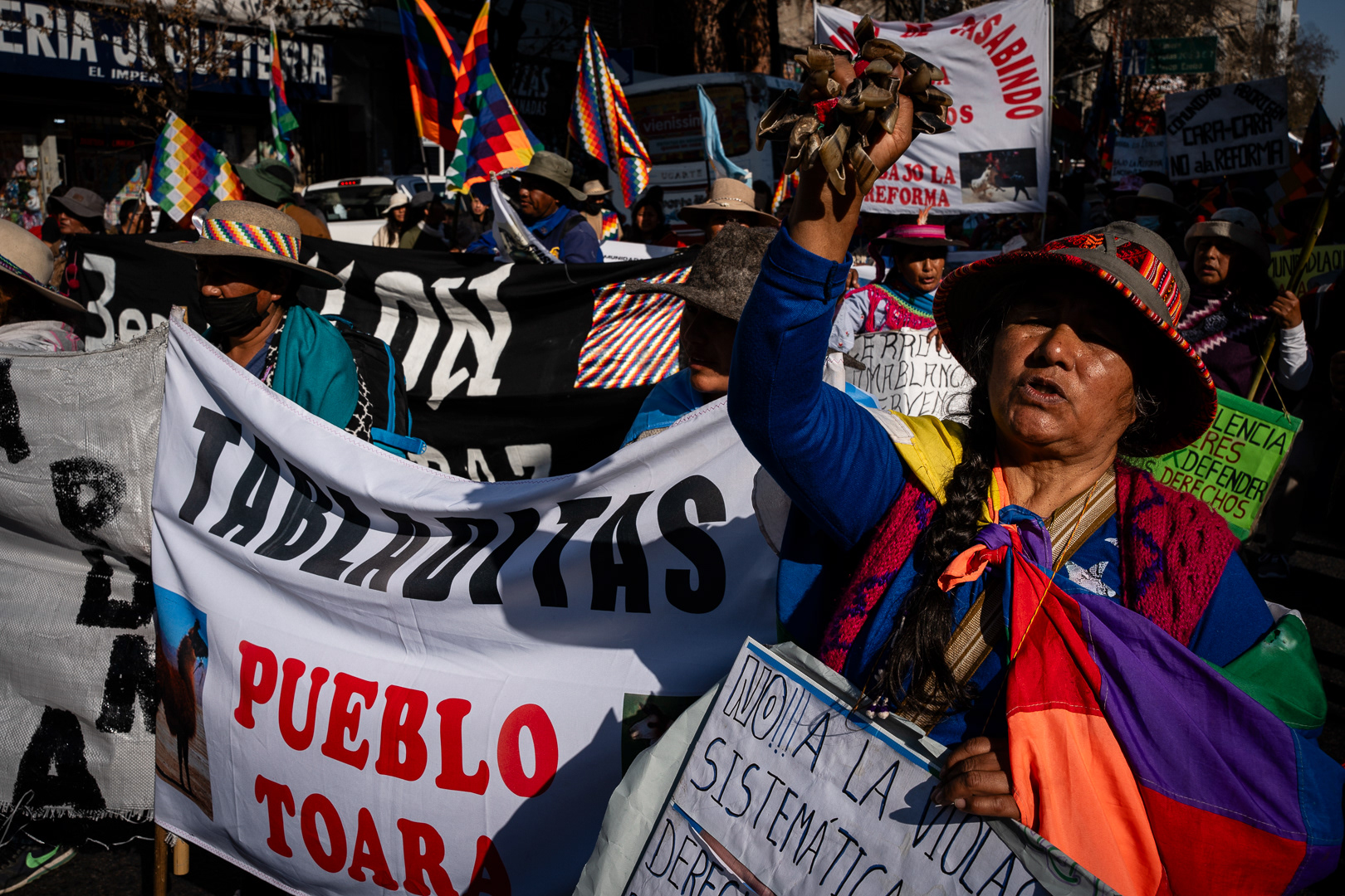The native peoples of the third malón for peace are coming down from the north, from Jujuy to Buenos Aires marching for their territories, for their natural resources and against the constitutional reform of Gerardo Morales, in Buenos Aires, Argentina, on August 1, 2023. PHOTO/Santi Oroz.