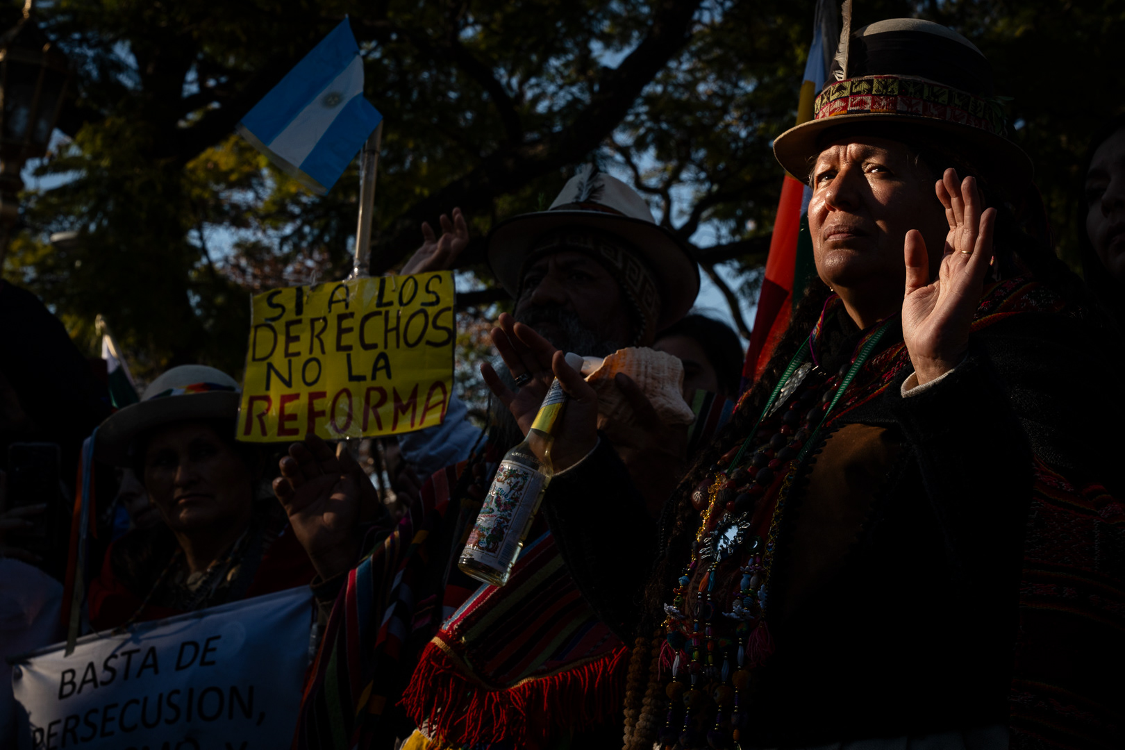The native peoples of the third malón for peace are coming down from the north, from Jujuy to Buenos Aires marching for their territories, for their natural resources and against the constitutional reform of Gerardo Morales, in Buenos Aires, Argentina, on August 1, 2023. PHOTO/Santi Oroz.