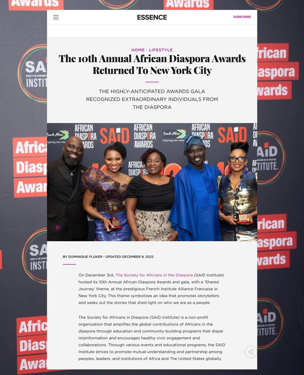 Incredibly honored for the feature @essence Make sure you check out this piece on the @saidinstitute and the @africandiasporaawards written by #dominiquefluker A huge thanks for recognizing and highlighting the efforts of the SAiD Institute and the African Diaspora Awards. #ADA2022 #sharedjourney #essencemagazine #essencemag