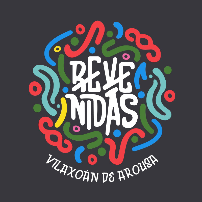 Logotipo do festival revenidas. Un confeti de cores ao redor do texto REVENIDAS e por baixo a localidade VILAXOÁN DE AROUSA