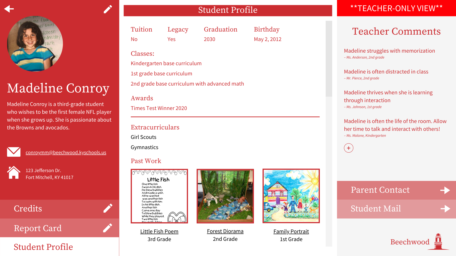 The first part of our proposal was the student profile. This is a 13-year, comprehensive record of a student throughout their time at Beechwood. This would allow students to take ownership of their learning and teachers to better understand their students. The result of the profile would be simple communication and collaboration between students, teachers, and parents and would be easily integrable into Beechwood's current learning management system, Infinite Campus.