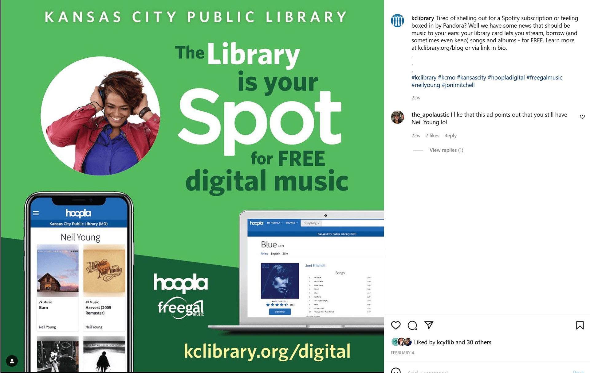 Screenshot of an Instagram post related to the digital music story. It's designed to mimic Spotify's visual identity, including the colors and typography. Text says "The Library is your SPOT for FREE digital music." It includes the logos for the digital services Hoopla and Freegal. There are also images of a laptop and cell phone that have screenshots of Hoopla's website with available collections for Neil Young and Joni Mitchell.