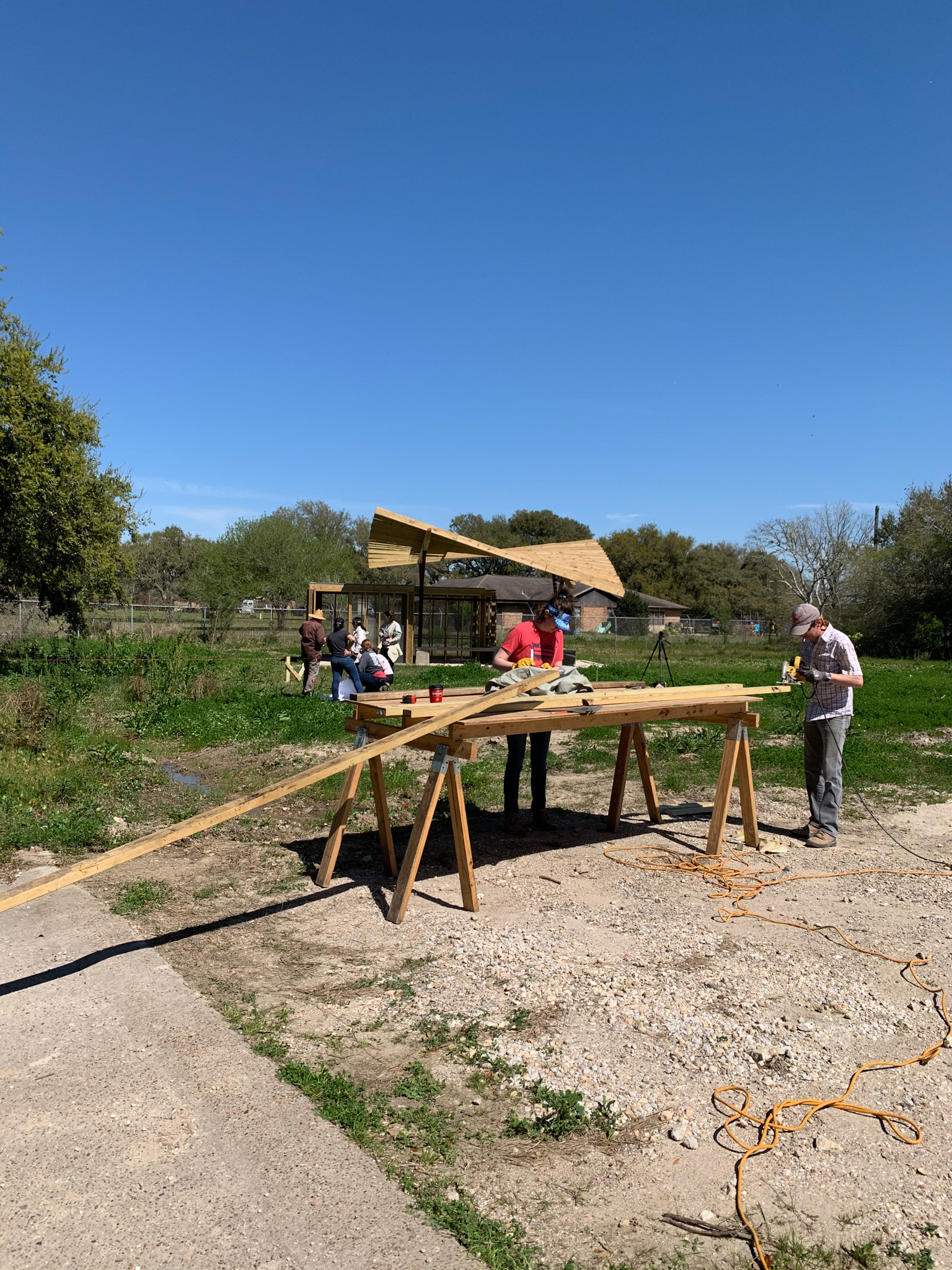 Constructing bridge framing on site.
