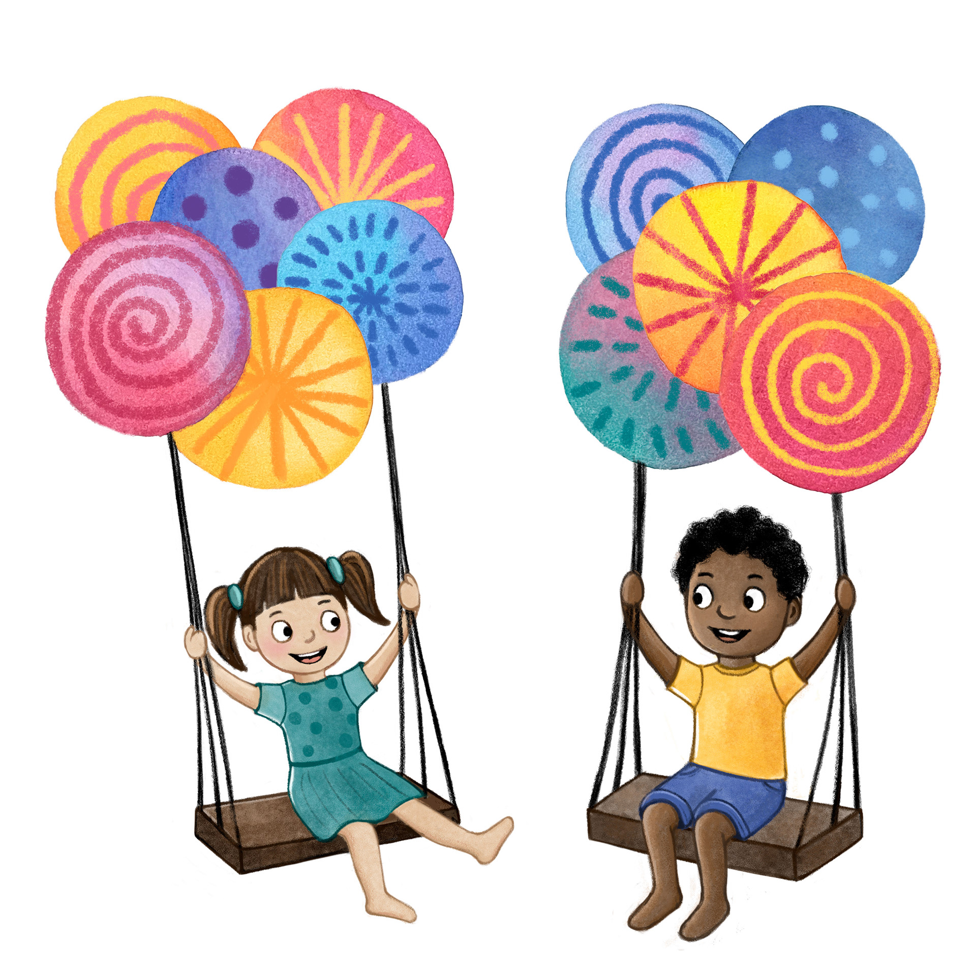 children playing on colourful watercolour balloon swings