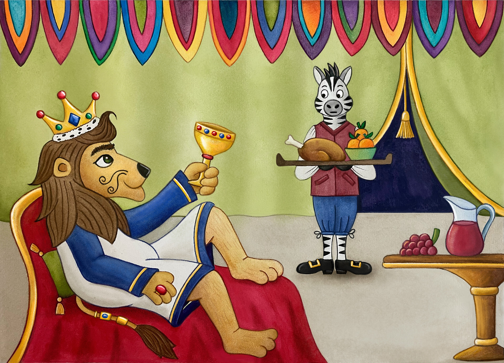 A greedy king lion admires his golden treasures while a nervous zebra servant waits on him