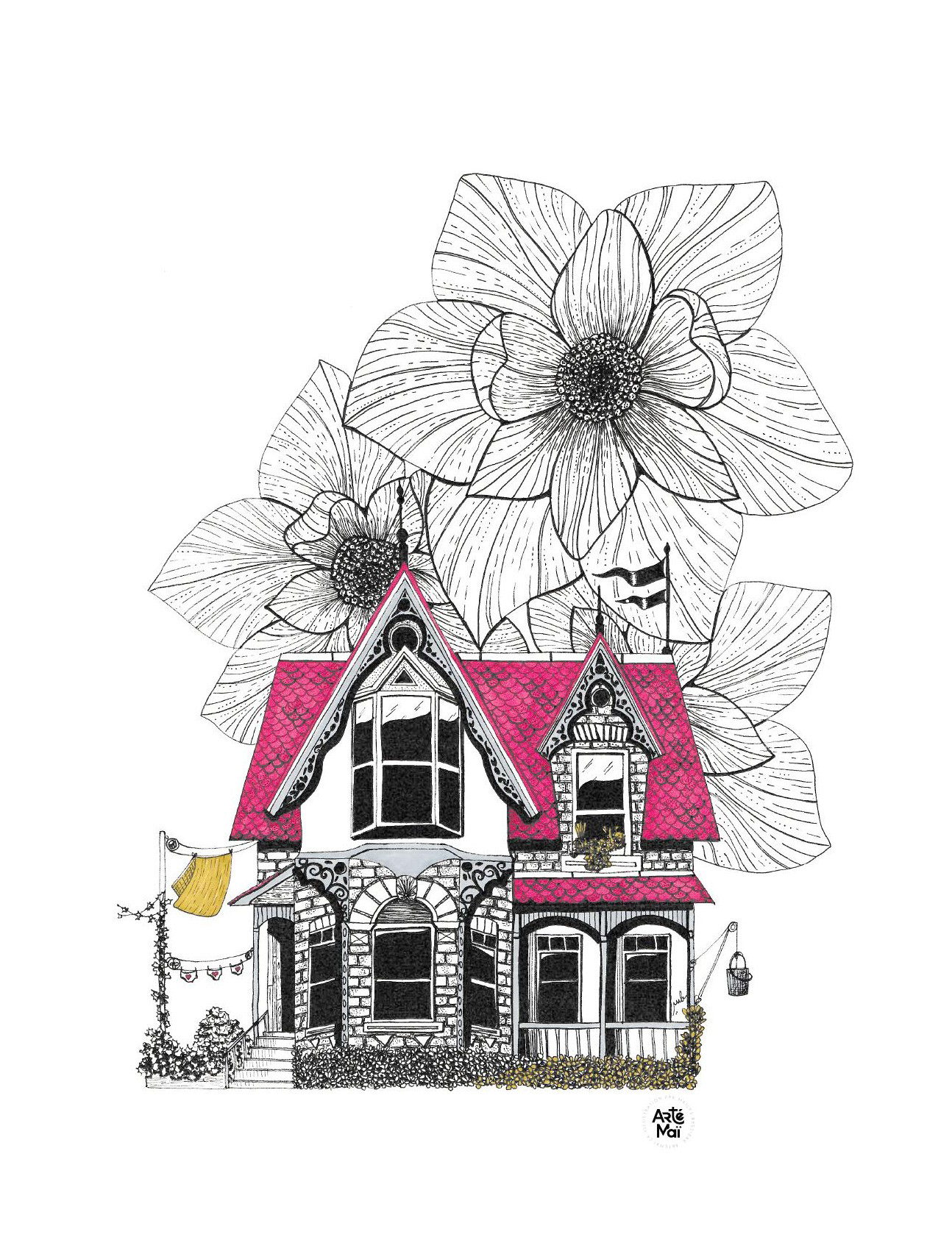 Maison fleurs | illustration traditionnelle à l'encre