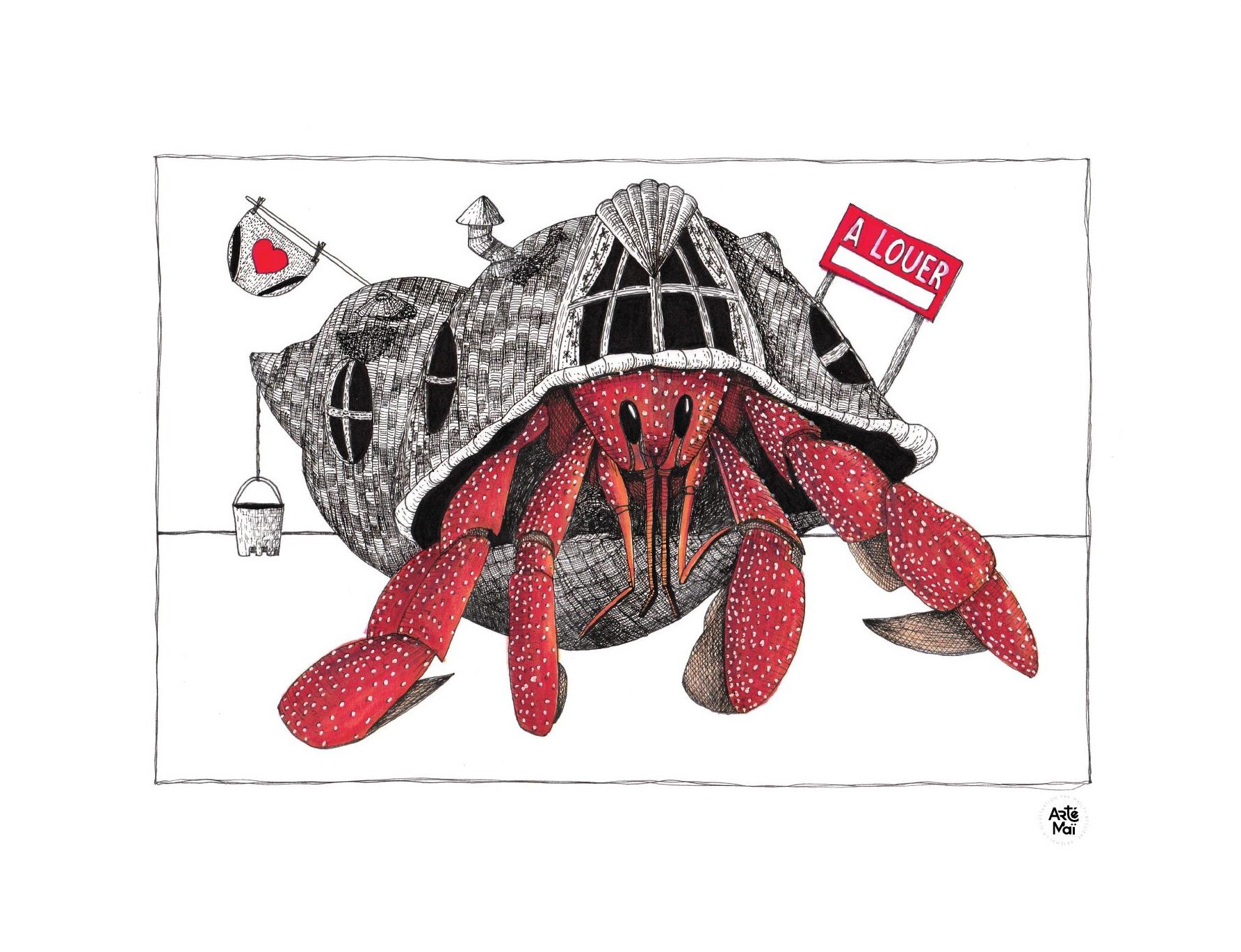 Bernard l'hermite | illustration traditionnelle à l'encre