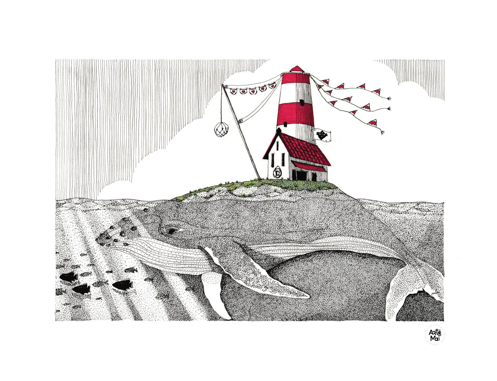 Sur le dos de la baleine | illustration traditionnelle à l'encre