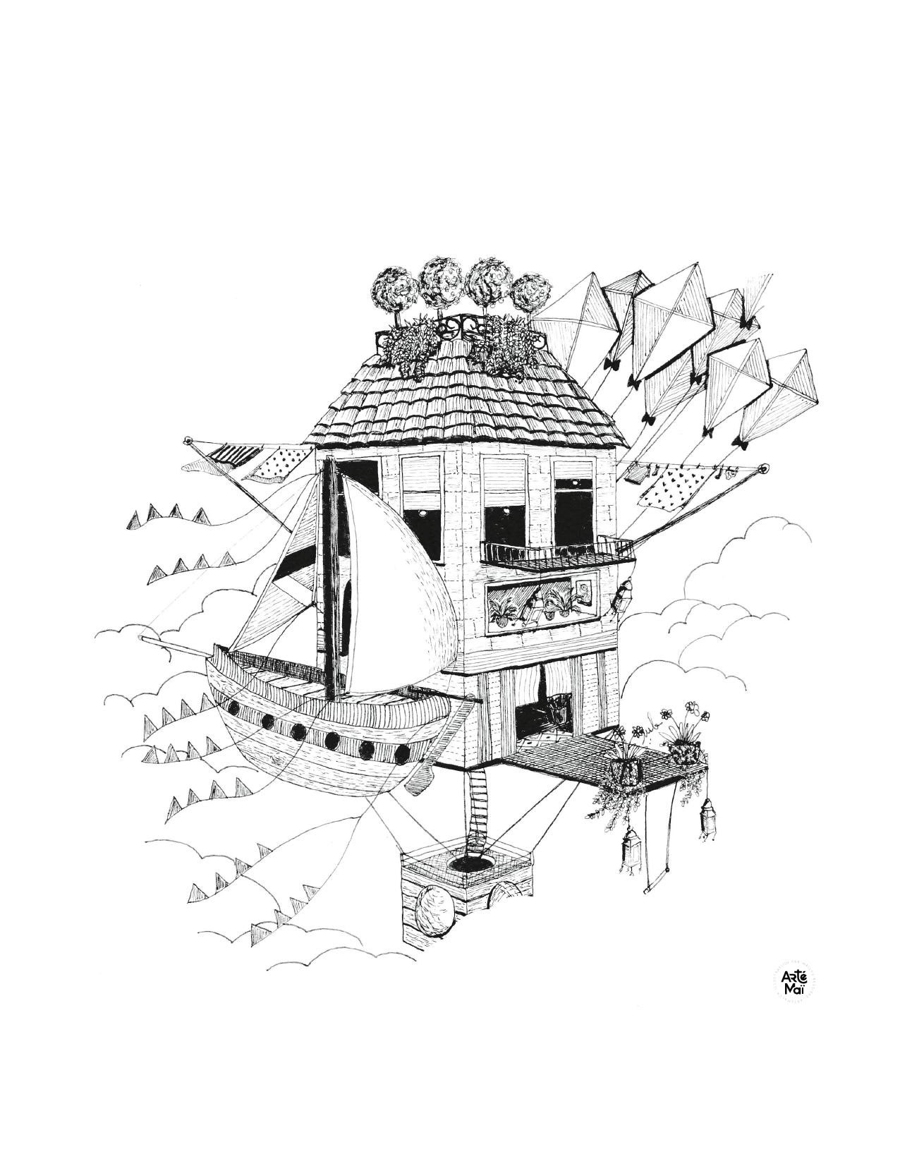 Maison volante | illustration traditionnelle à l'encre