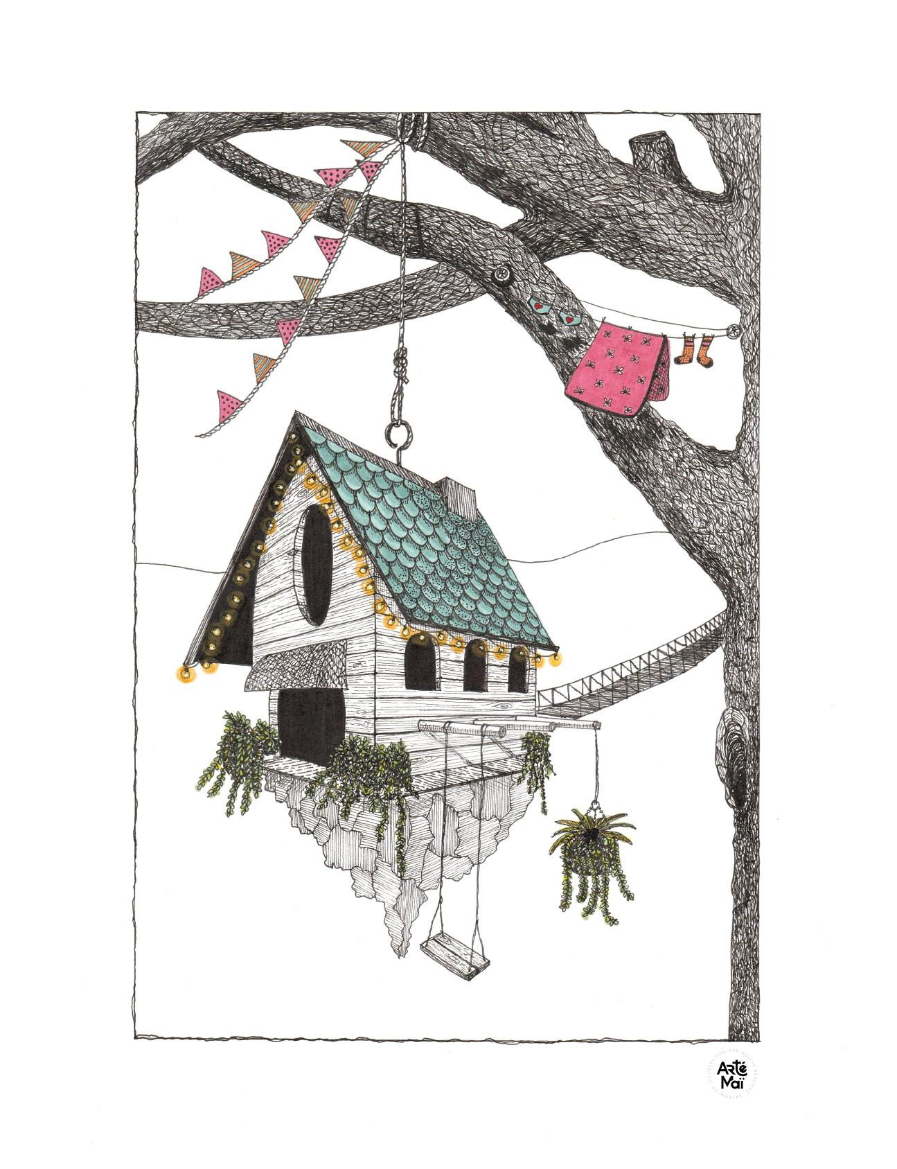 Maison suspendue | illustration traditionnelle à l'encre