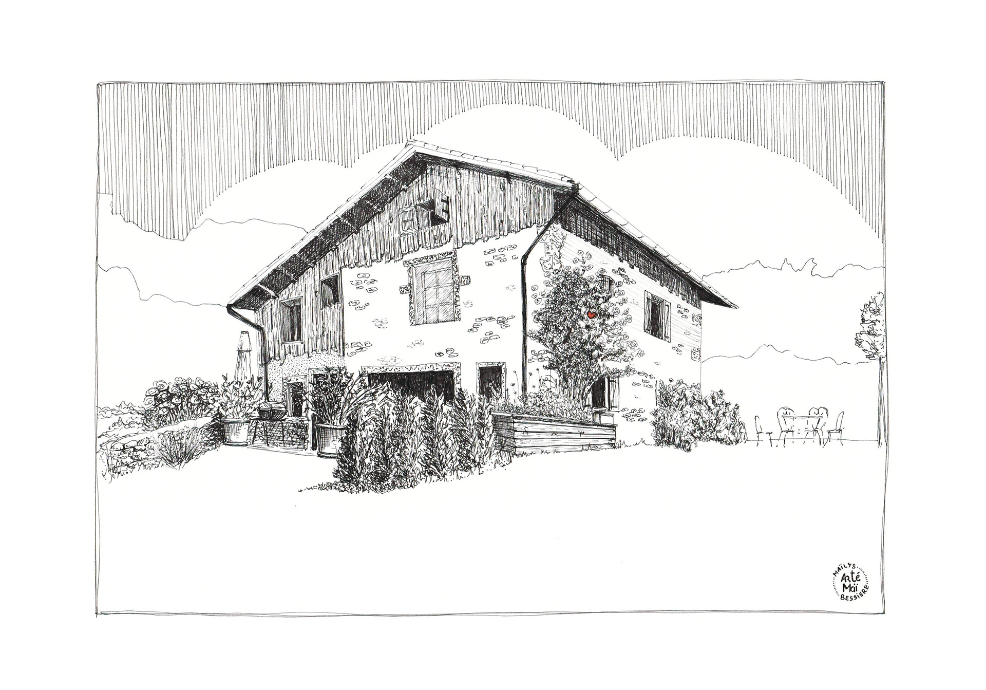 Maison de vacances | illustration traditionnelle à l'encre