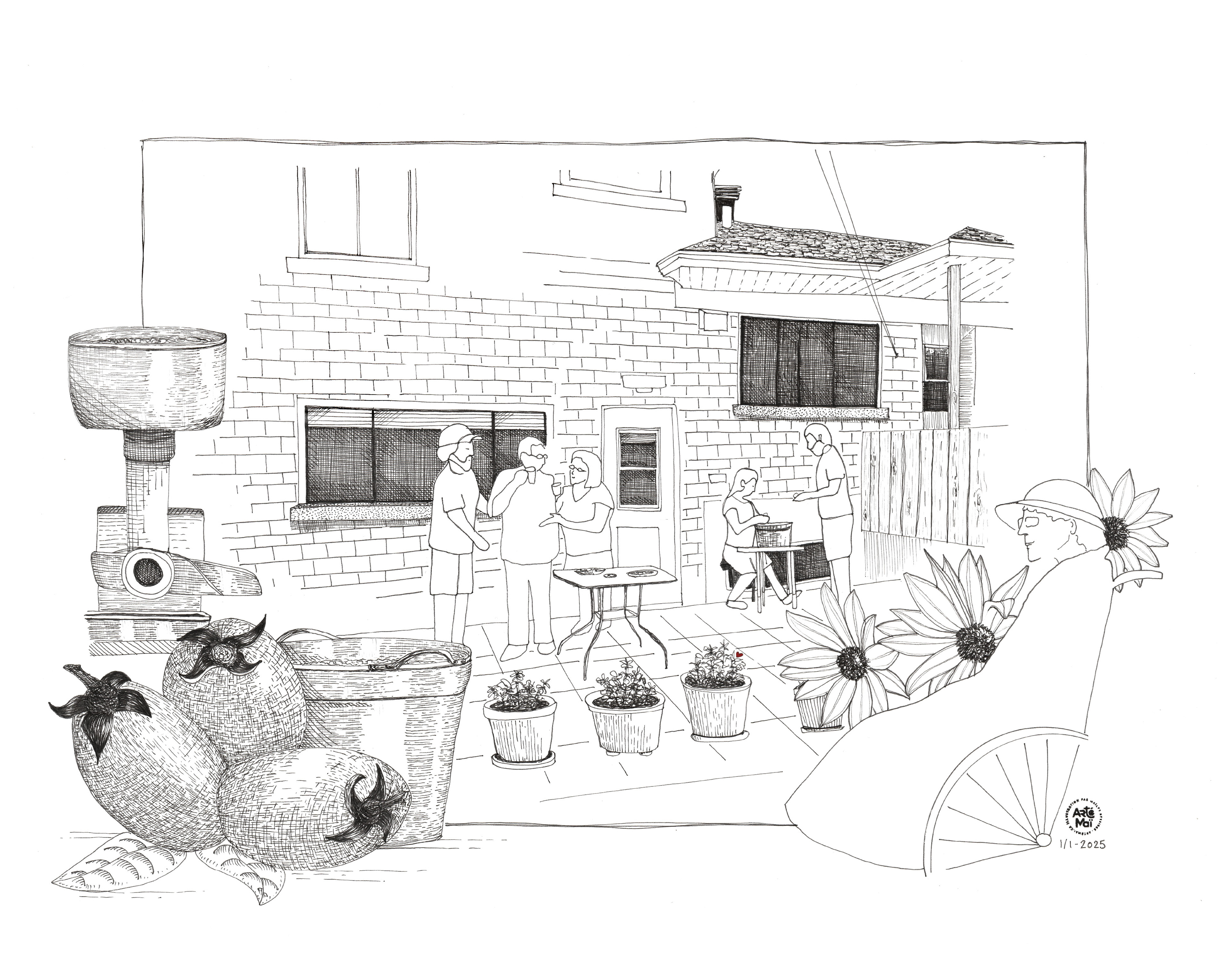 Sauce tomate en famille | illustration traditionnelle à l'encre