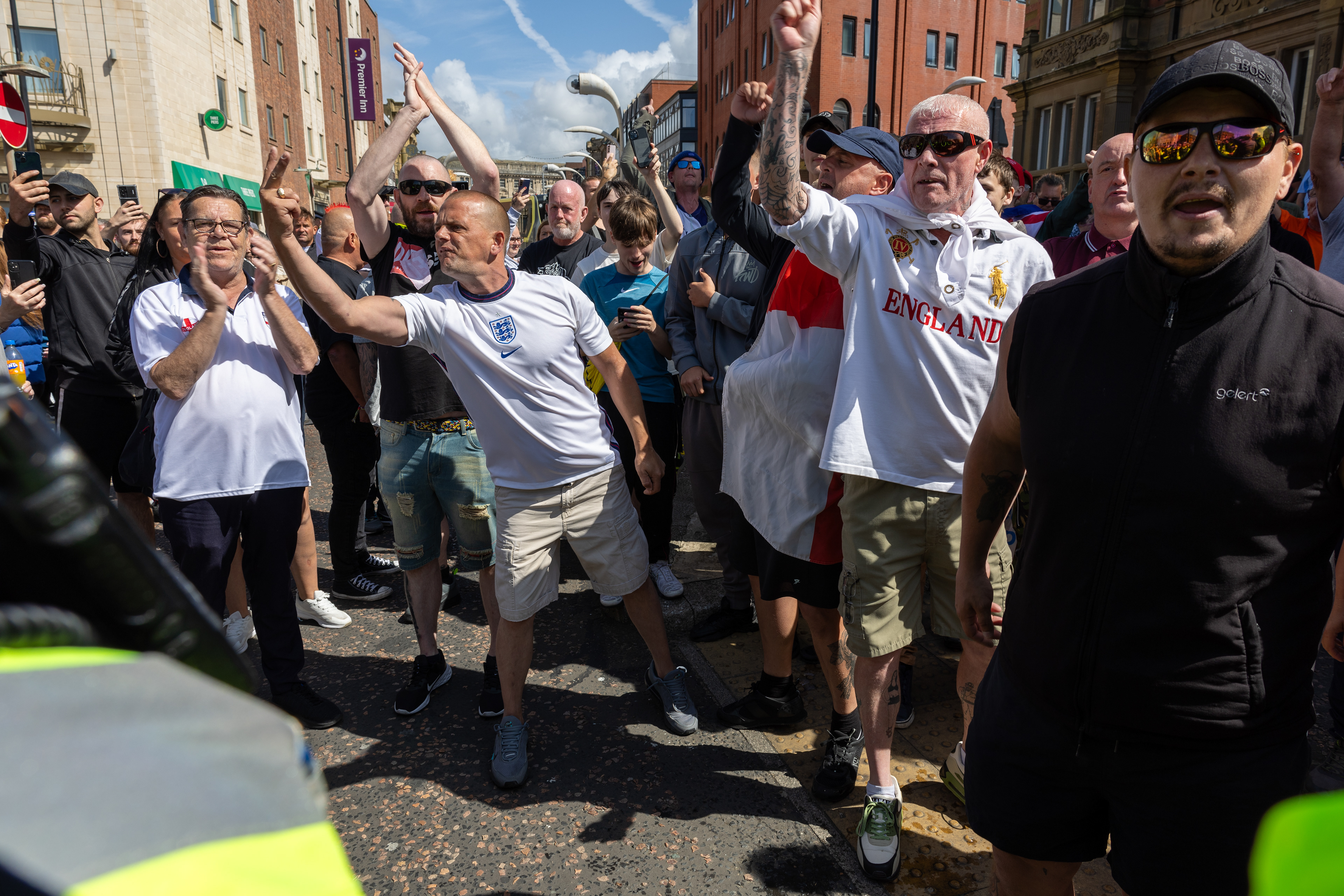 Punks face-off against protesters in Blackpool town centre on Saturday August 3 2024, before proceedings descended into violent skirmishes. Roger Haywood, in the England football shirt, was later jailed for leading a mob through the streets of Blackpool