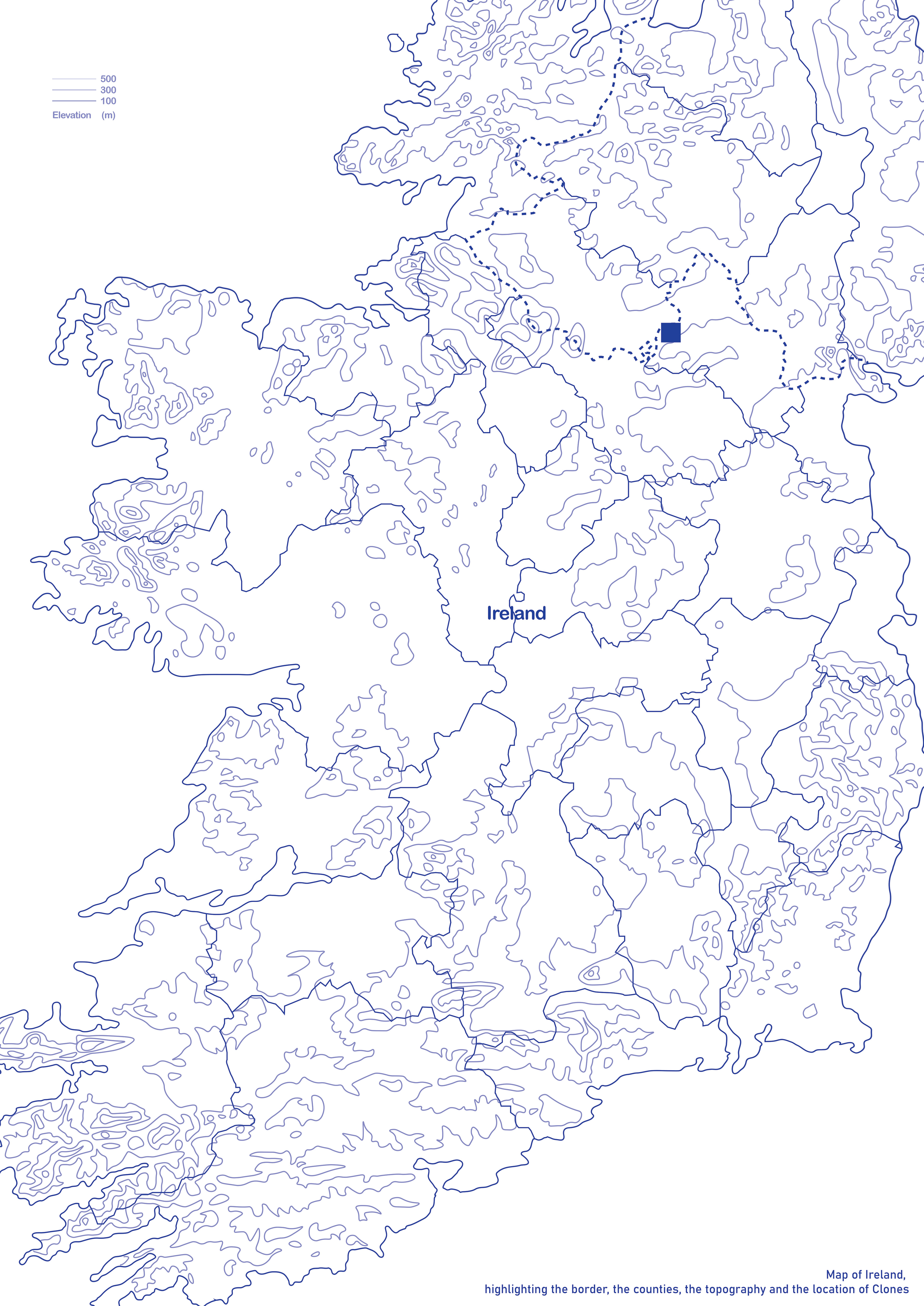 Map of Ireland, highlighting the border, the counties, the topography and the location of Clones